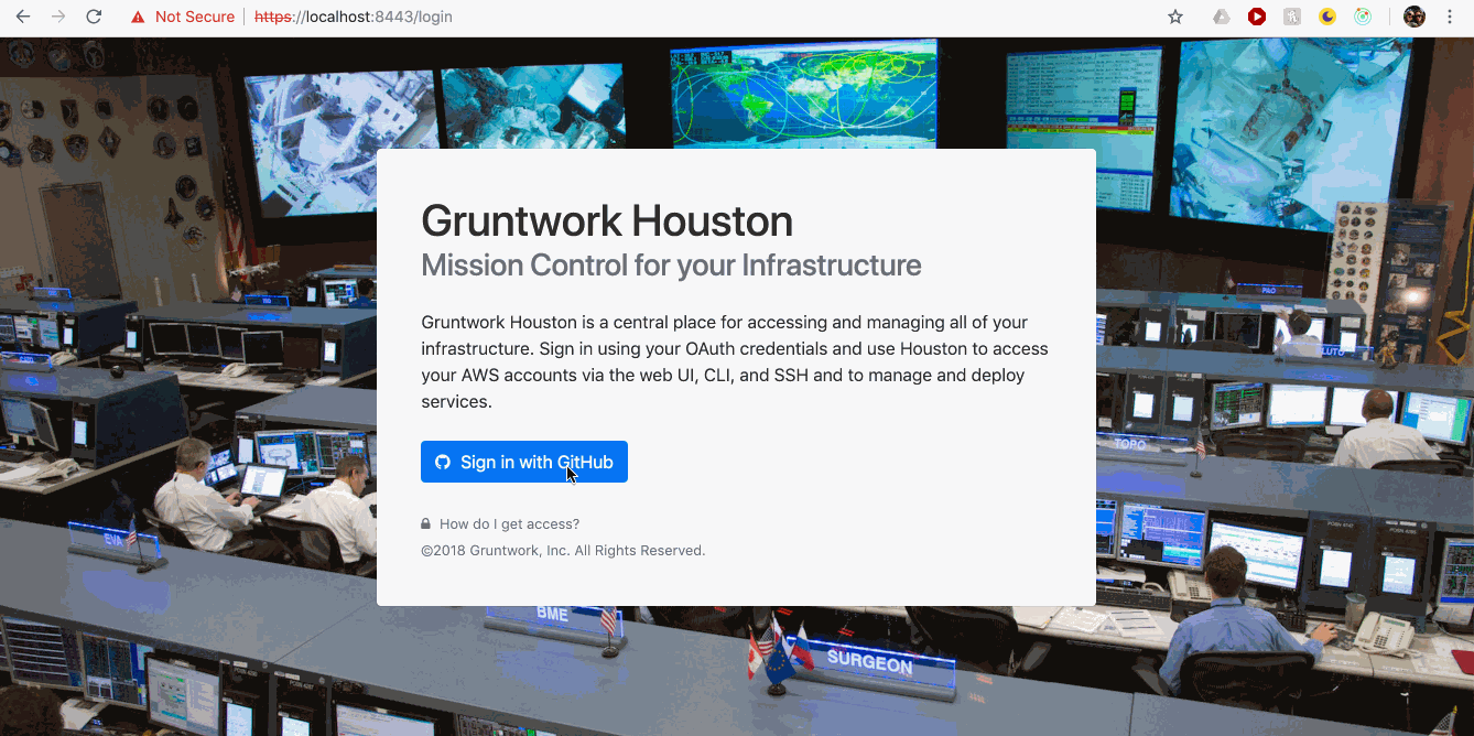 Screenshot of the Gruntwork Houston login page updated to offer 'Sign in with GitHub'.
