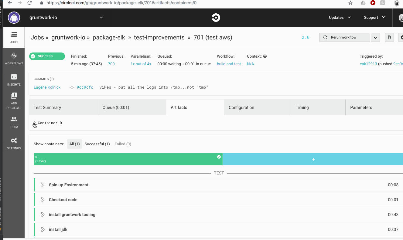 Terratest taking a snapshot of logs which CircleCI archives and exposes via UI